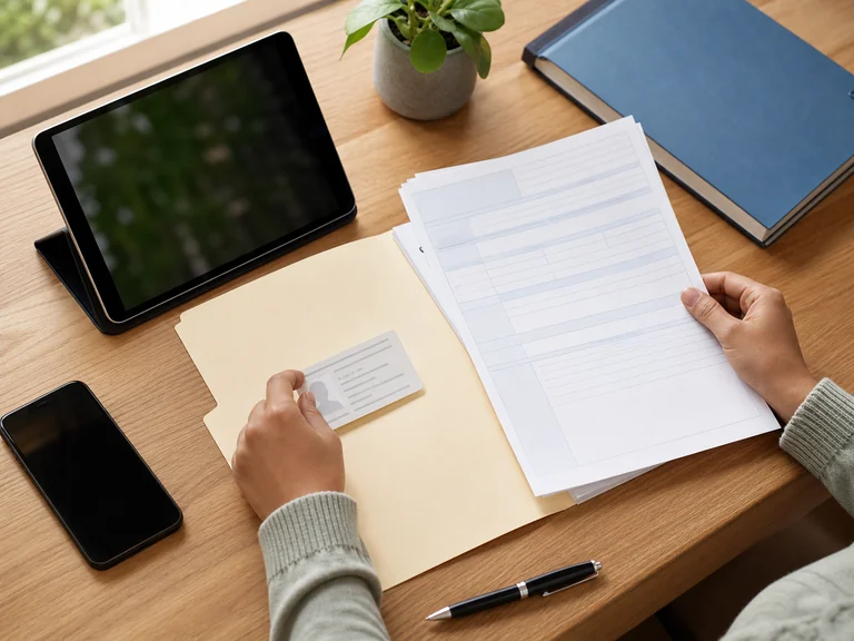 Person reviewing benefit documents for an online application